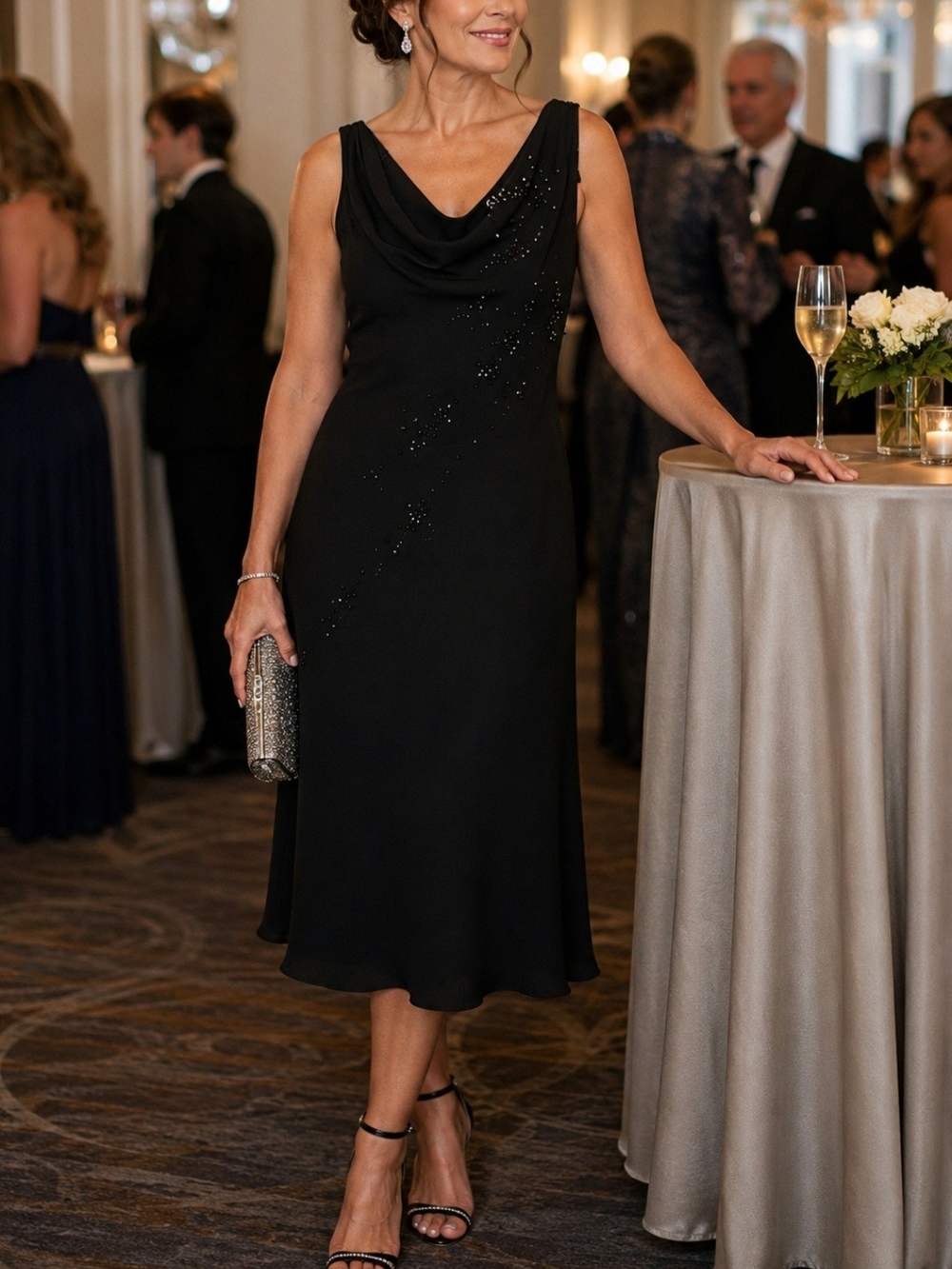 S.L. Fashions Black Beaded Cocktail Dress Size 10 Elegant Evening Midi Dress